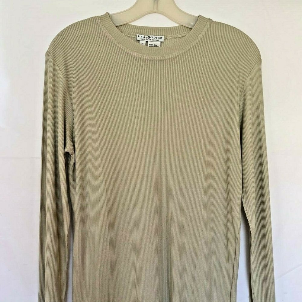 Saks Fifth Ave. Real Clothes Women Tan Crew Neck 100%Silk Thin Sweater ~Sz.M